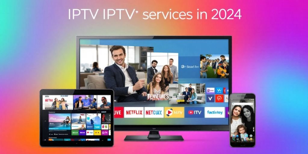 Collage of devices streaming IPTV content.